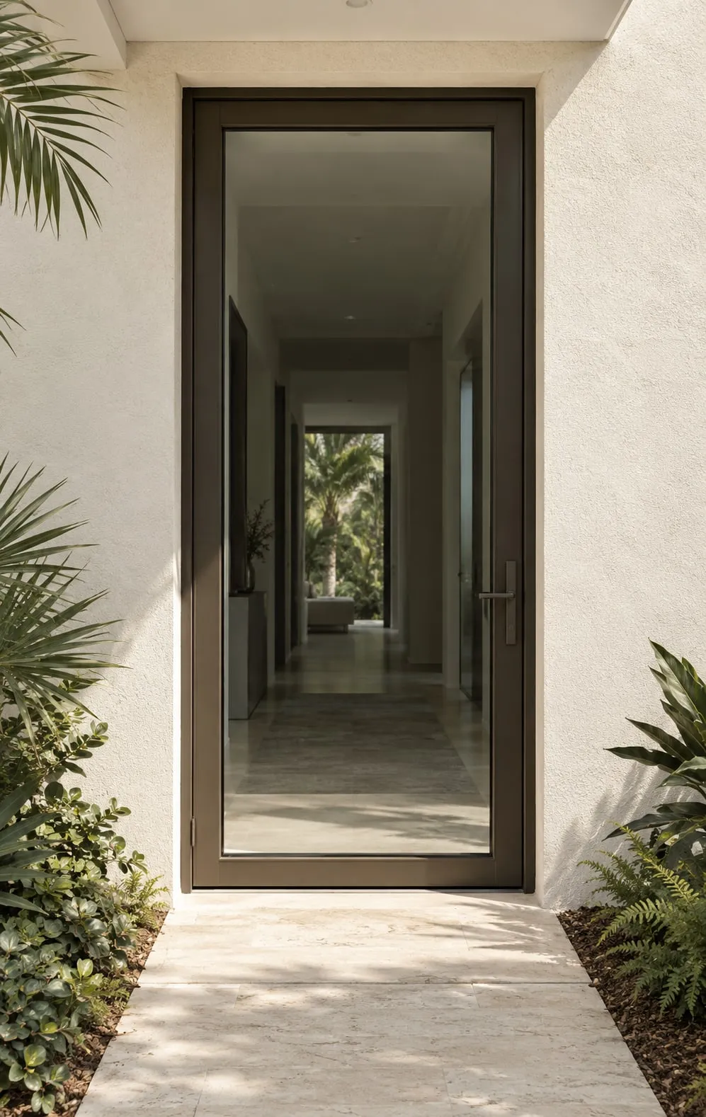 A tall glazed impact entry door in dark bronze aluminium set in a pale stucco facade, seen straight on from the path, with planting either side and daylight on the glass