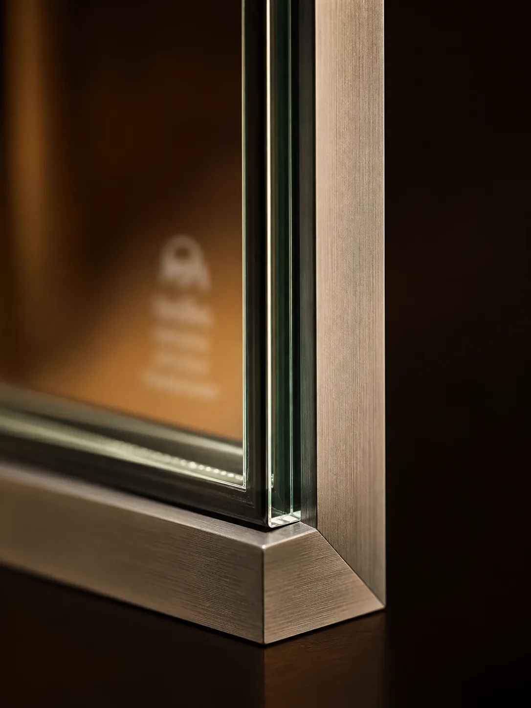 Close-up of the corner of an impact unit: the laminated glass edge and the spacer inside the sealed unit