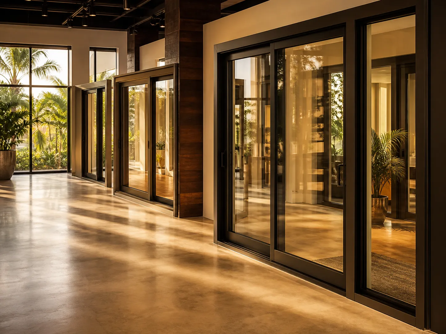 Showroom floor lined with full-size sliding glass doors and windows in dark aluminium frames