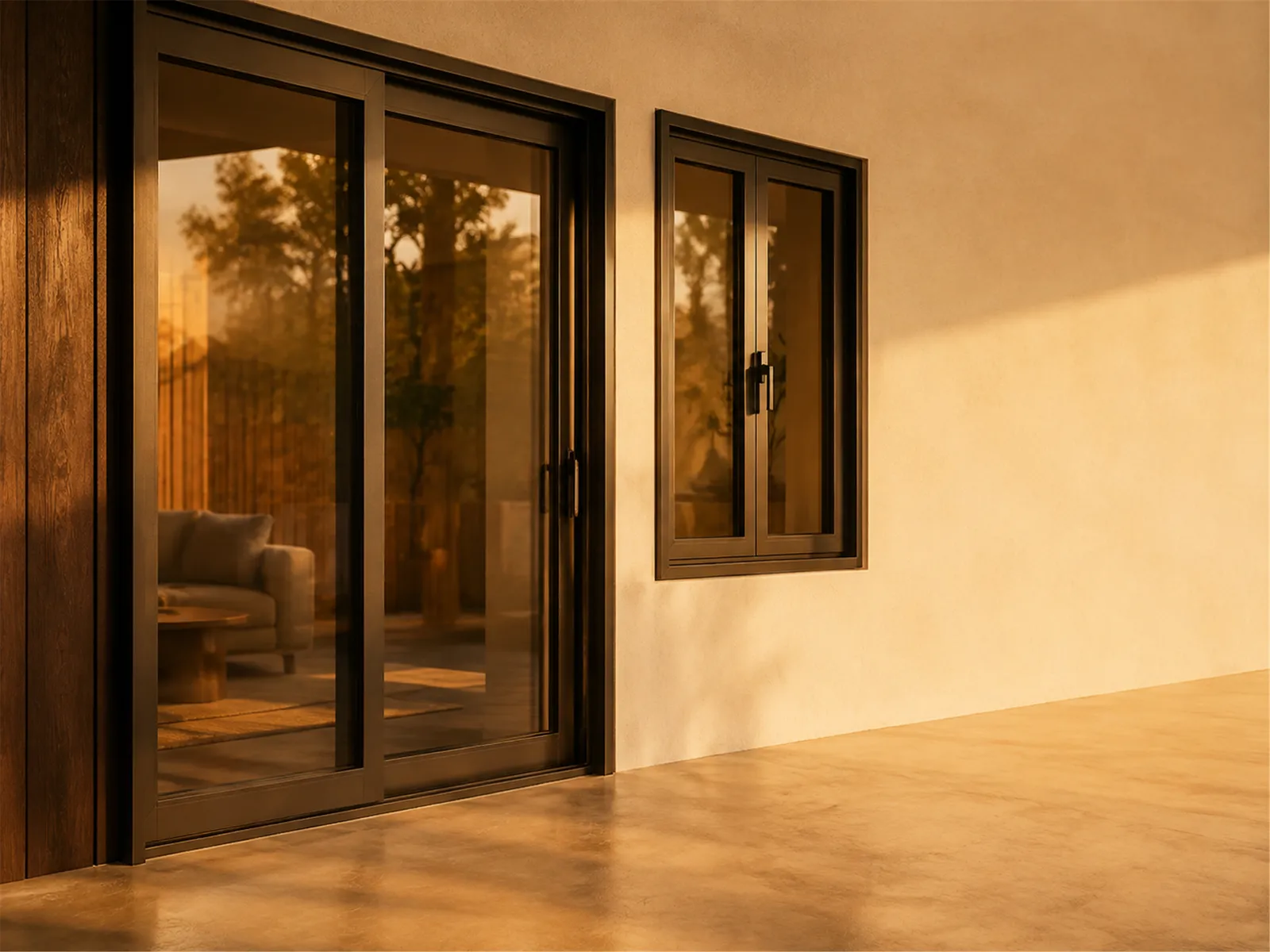 An impact sliding glass door and casement window in dark bronze frames, on a sunlit terrace at golden hour