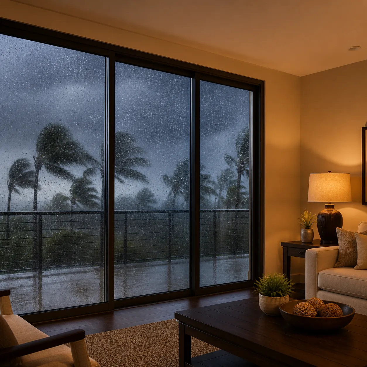 Impact sliding door holding a storm outside a lit living room