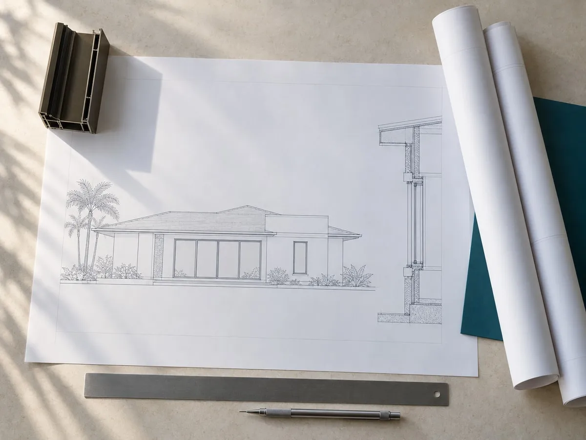 Seen from directly above: a set of architectural drawings open on a pale desk, the sheet showing the line elevation of a single-storey house and a window section detail beside it, weighted at one corner by a short offcut of dark bronze aluminium window profile, with two rolled sheets, a teal folder, a steel ruler and a mechanical pencil around it and palm shadows falling across the desk