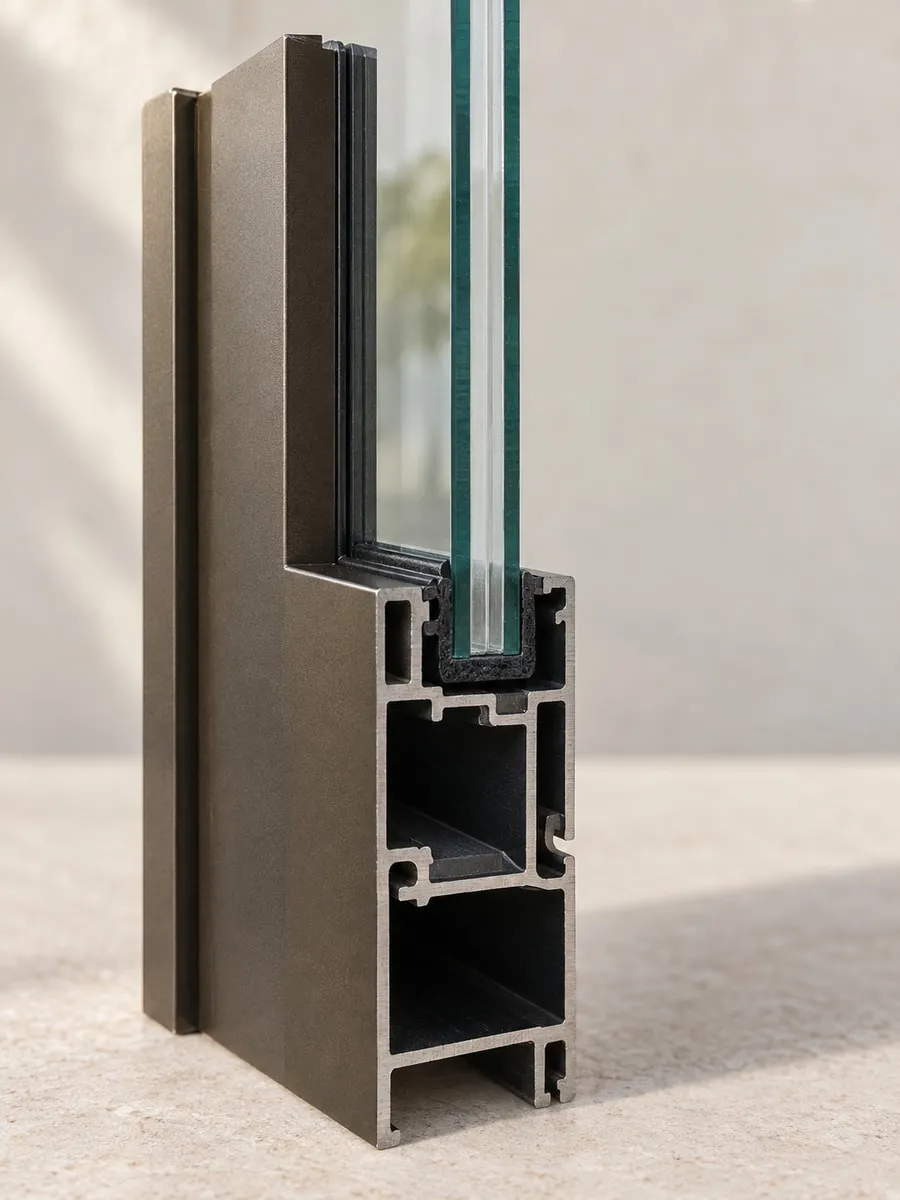 A short offcut of a dark bronze aluminium impact window frame standing upright on a pale surface, cut so the hollow chambers of the extrusion and the glazing pocket are visible end-on, with a piece of laminated glass seated in the pocket and the interlayer showing as a fine line between the two glass plies