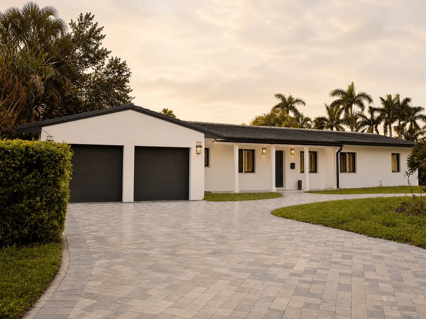 White single-storey ranch house at dusk, with two dark garage doors, impact windows and a paver driveway